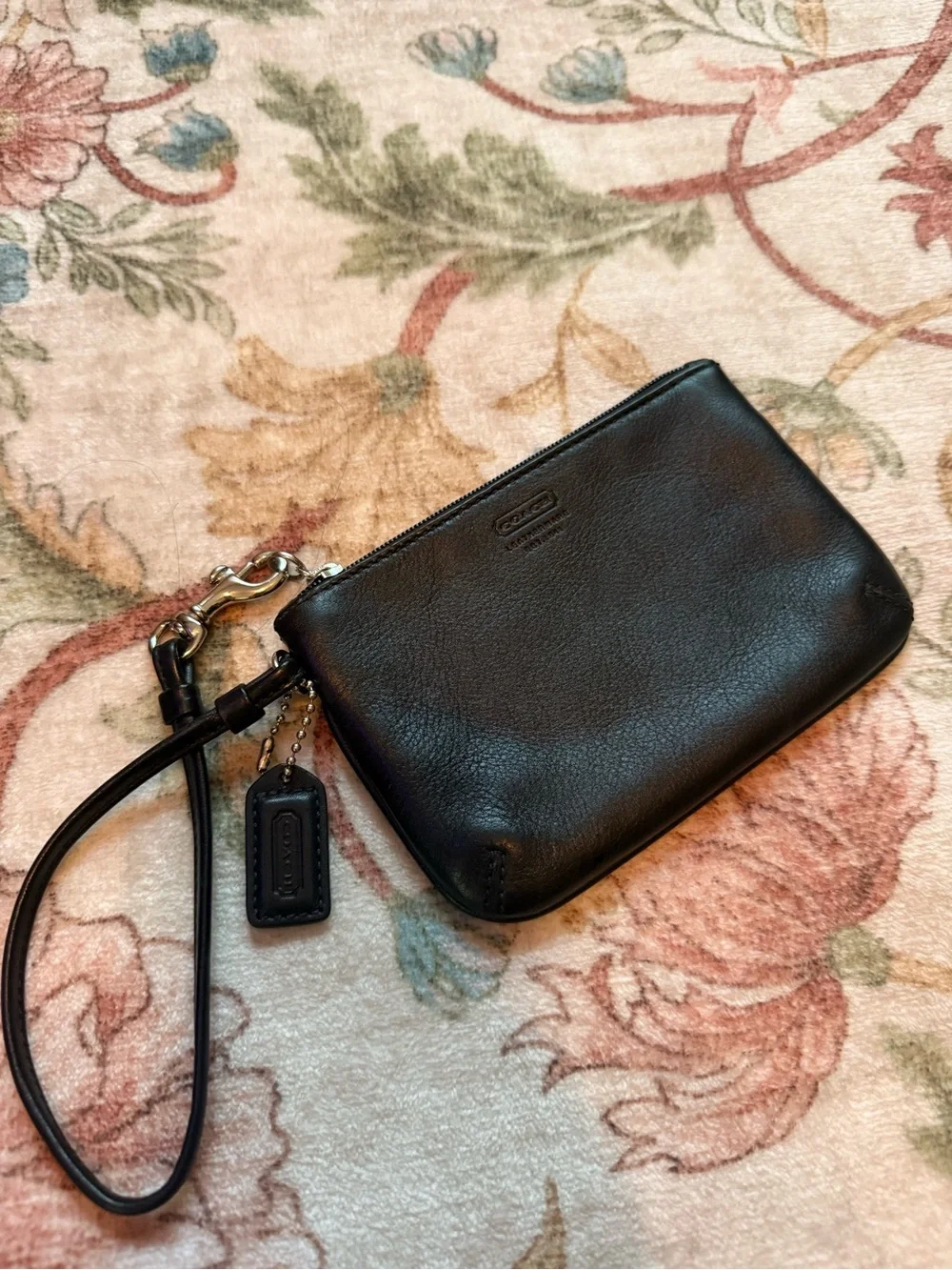Coach Black Leather Wristlet with silver Tone Hardware